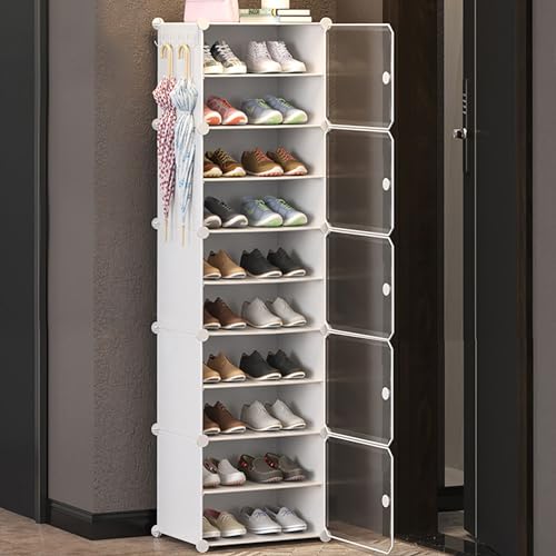 Image of AYSIS 𝟏𝟎 𝐒𝐡𝐞𝐥𝐟 DIY Shoe Rack Box Organizer | Multi-Purpose Plastic Shoe Rack for Home | Home Storage Shoe Rack with Door for Entryway, Chappal Slipper Sandals Shoe Stand【White, 10-Shelf-5-Door】