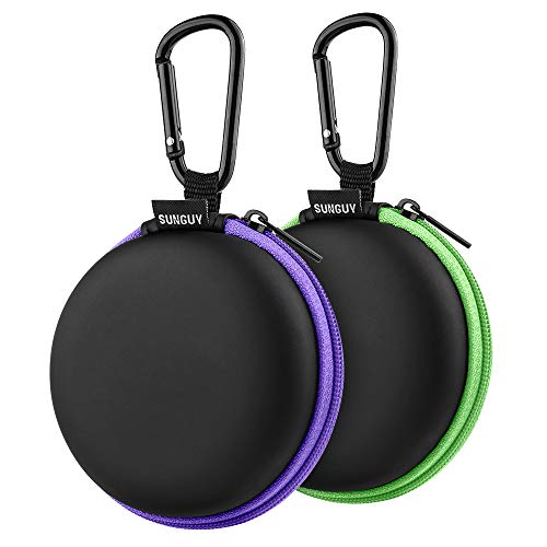 SUNGUY [2-Pack Earbuds Cases, Small Round Pocket Earbud Travel Carrying Case Pouch with Carabiners for Earbuds, Headsets, in-Ear Headphones, Hearing Aids, USB Cable and More (Green + Purple)