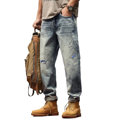 Men's Ripped Baggy Jeans Slim Fit Distressed Patchwork Harem Pants Y2K Causal Straight Wide Leg Cargo Jeans