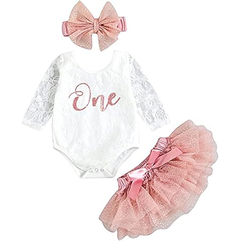 KameyouForever Baby Girl Summer Outfits Short Sleeve Lace Ruffle Romper Tutu Dress My 1st Birthday Outfits for Toddler Baby Girls (Pink-1,12-18 Months) Cover