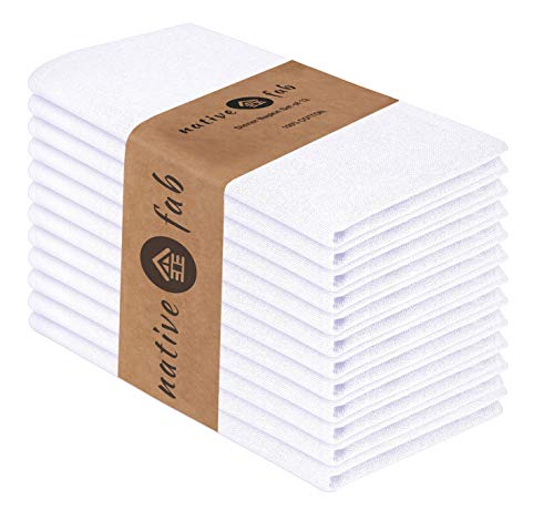 Native Fab Juego de 12 Servilletas de Tela algodón 100% Suave Cómoda Duradera Calidad de Hotel, Servilletas Reutilizables Lavable para Eventos y Uso Diario 44 x 44 cm Blanco