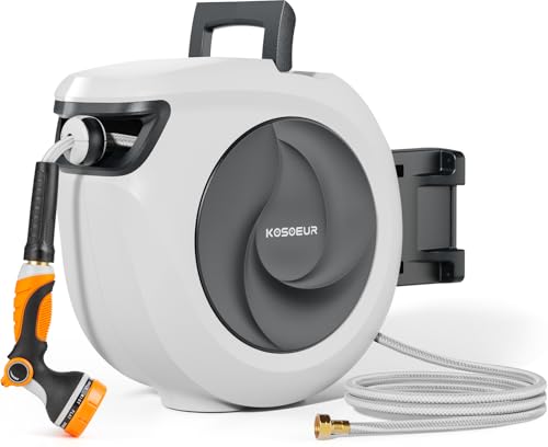 KOSOEUR Retractable Garden Hose Reel, 1/2 in x 100 ft Garden Hose Reel, Automatic Retractable Water Hose Wall Mount with 10 Pattern Nozzle, Slow Rewind System/Any Length Auto Lock 180Â° Swivel Bracket