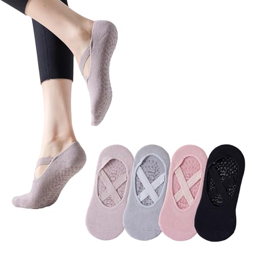 LXTaoler Calcetines de pilates antideslizantes para mujer, 4 pares de calcetines de yoga para mujer, antideslizantes, para anillos de pilates, barra, ballet, baile, entrenamiento, fitness (morado taro