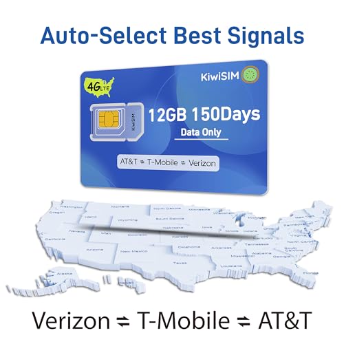 Image of KiwiSIM SIM Card Data Only 12GB 150Days,4G LTE US SIM Card for Unlocked Phone /Router /Security Camera,Support for AT&T,T-Mobile and Verizon,No Contract(Requires Activation)
