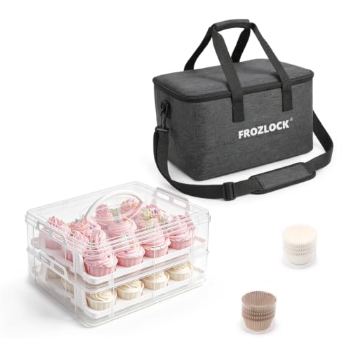 Cupcake Carrier 24 Count, Cupcake Holder With Lid And Handles, 2-Layer Cupcakes Storage Containers, Cupcake Transport Container, Cupcake Box With Portable Insulated Bag And 200pcs Cupcake Liners