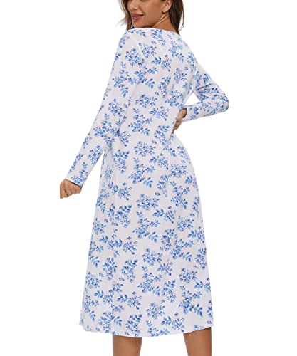 Izzy + Toby 100% Cotton Nightgowns For Women Long Sleeve Nightgown Ladies Sleep Dress Nighty Nighties Nightdress Print Blue S #TOP1