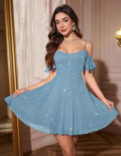 Image of Meetjen Women's Short Cocktail Dresses for Teens Formal Homecoming Sparkly Off Shoulder Tulle Sequin Prom Party Dress