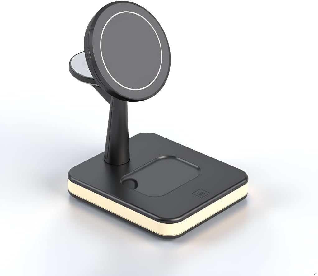 Magnetic Desk Wireless Charger Hub 3-in-1 – 15W Fast Wireless Charging Station with Night Light, Compatible with Latest iPhone, AirPods, Apple Watch, for Home & Office (Black)