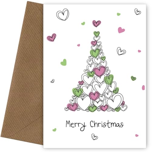 Merry Christmas Card for Family and Special Friends - Tree of Hearts Design to Spread Love, Joy & Warmth! Perfect Holiday Card for Mum, Dad, Sister & Special Ones!