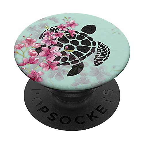 Cherry blossom flowers Black Turtle Phone grip on Green Mint PopSockets Swappable PopGrip
