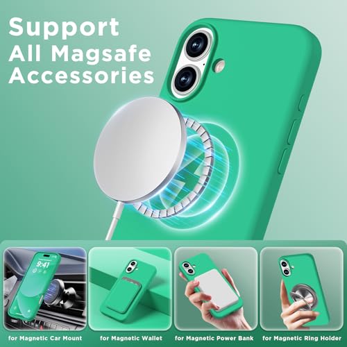 Image of Magnetic for iPhone 16 Case, Compatible with Magsafe, Suction Cup Phone Mount, [2 Screen Protectors][Camera Lens Protector] Silicone Shockproof Protective Slim Phone Cover 6.1 inch, Emerald Green