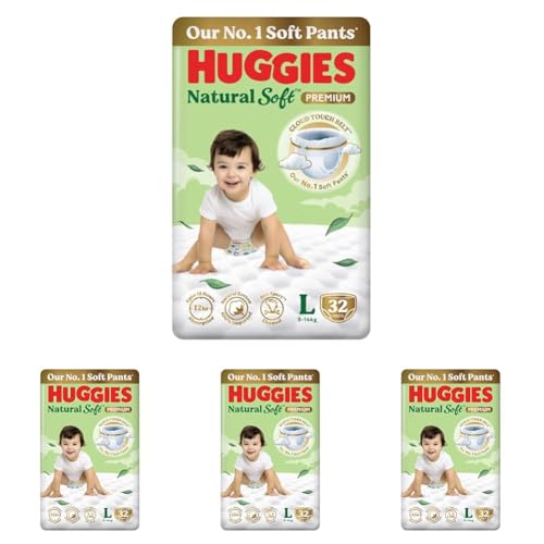 Image of Huggies Natural Soft Premium Baby Diaper Pants, Our No.1 Soft Pants, Large (L) Size (9-14 Kgs), Pack of 128 diapers | Cloud Softness All over with India's 1st Cloud Touch BeltTM