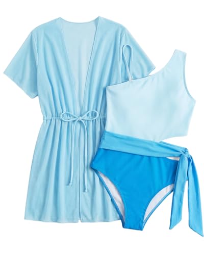 GRACE KARIN Girls One Piece Contrast Color Swimsuit Kids One Shoulder Cut Out Waist Fashion Summer Beach Swimwear Size 8-10 Blue