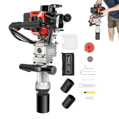 JAYGOVAN 32.7CC 2 Stroke Gas Powered T Post Driver, 900W Gas Powered Pile Driver Fence Post Driver Portable Petrol Piledriver Single Cylinder Air Cooling 8500r/min, with 2 Post Driving Head (32.7cc)