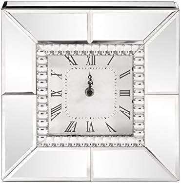Howard Elliott Collection Mirrored Finish Table Clock with Beaded Glass Trim, Decorative Silver Mirror Clock for Office, Desk or Bedside Table, Gift for Wedding, Anniversary and Birthdays 10 x 10 Inch