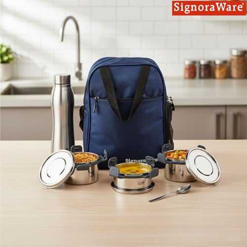 Image of SignoraWare All Steel Fusion Jumbo Stainless Steel Lunch Box | Airtight & Leakproof | Ideal for Office, School, Travel & Outdoor Use (500mlx2 + 350ml + 1 LTR | Set of 4 | Black)