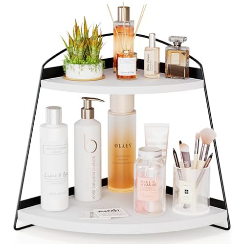 Puricon Estanteria de Baño, Organizador de Maquillaje Cosméticos Estante de Baño de Madera 2 Niveles para Baño -Blanco