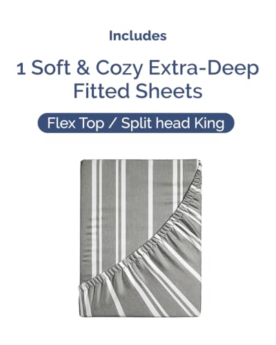 Image of Extra Deep Flex Top Split Head King Fitted Sheet - Hotel Luxury Single Fitted Sheet Only - Easily Fits 18 inch to 24 inch Mattress - Ultra Soft, Wrinkle Free w /Extra Deep Pockets - Grey Stripes 3
