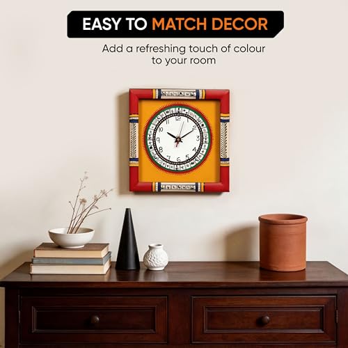 Image of AAKRITI ART CREATIONS Wall Clock Handcrafted Warli Art Dial with Glass Frame Red, Yellow | Wall Clock for Home, Home Decoration | Lightweight Wooden wall Decor | Matte Finish