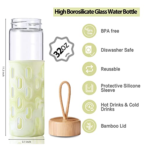 Wemburly 32Oz Borosilicate Glass Water Bottle With Silicone Sleeve And Bamboo Lid Cute Water Bottles For Women #TOP1