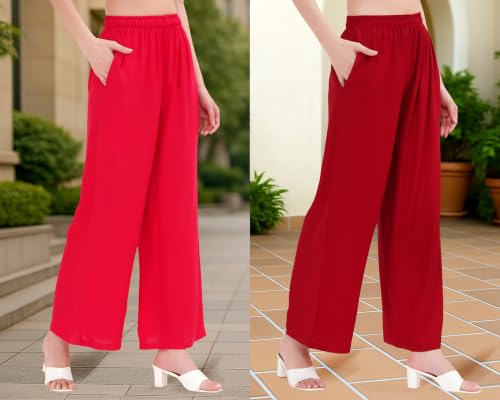 Image of Buy That Trendz Palazzo Pants for Women Cotton Rayon Elasticated Regular Fit Flared Wide Leg M to 6XL Pack of 2