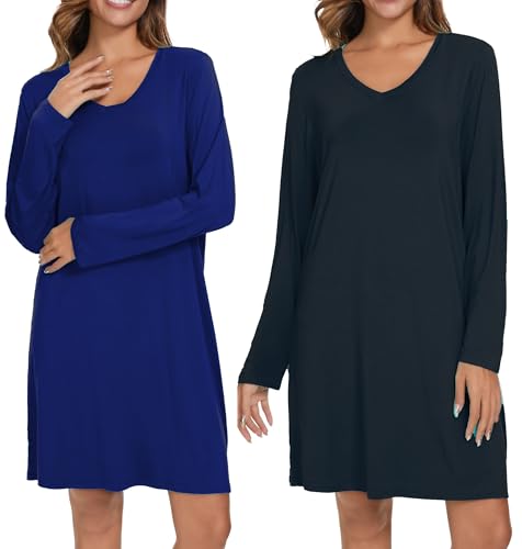 Image of Kabento 2 Pack Long Sleeve Nightgowns for Women Soft Cotton Night Gowns Sleepwear V Neck Nightshirts