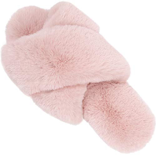 Women Fuzzy House Slippers : Fluffy Open Toe House Shoes - Plush Indoor Outdoor Soft Slides - Cross Band Memory Foam Slippers Pink #TOP1