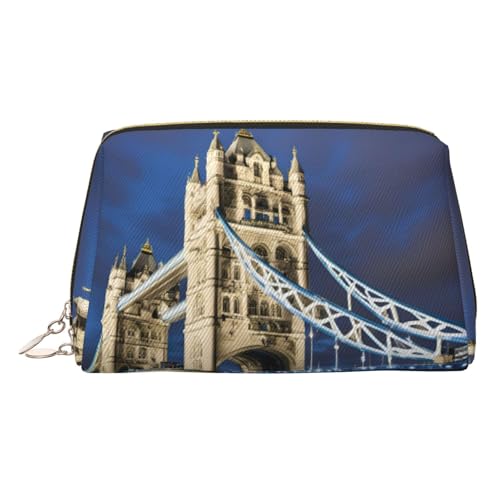 Gold Leather Makeup Bag â€“ Tower Bridge in London Print Travel Cosmetic Bags with Handle, Divider, Zipper, Portable Personal Toiletries, Gold, One Size