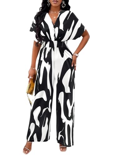 Image of PerZeal Women's V-Neck Short Sleeve Printed Jumpsuit with Pockets - Casual Wide Leg One-Piece Romper for Summer(S-XXL)