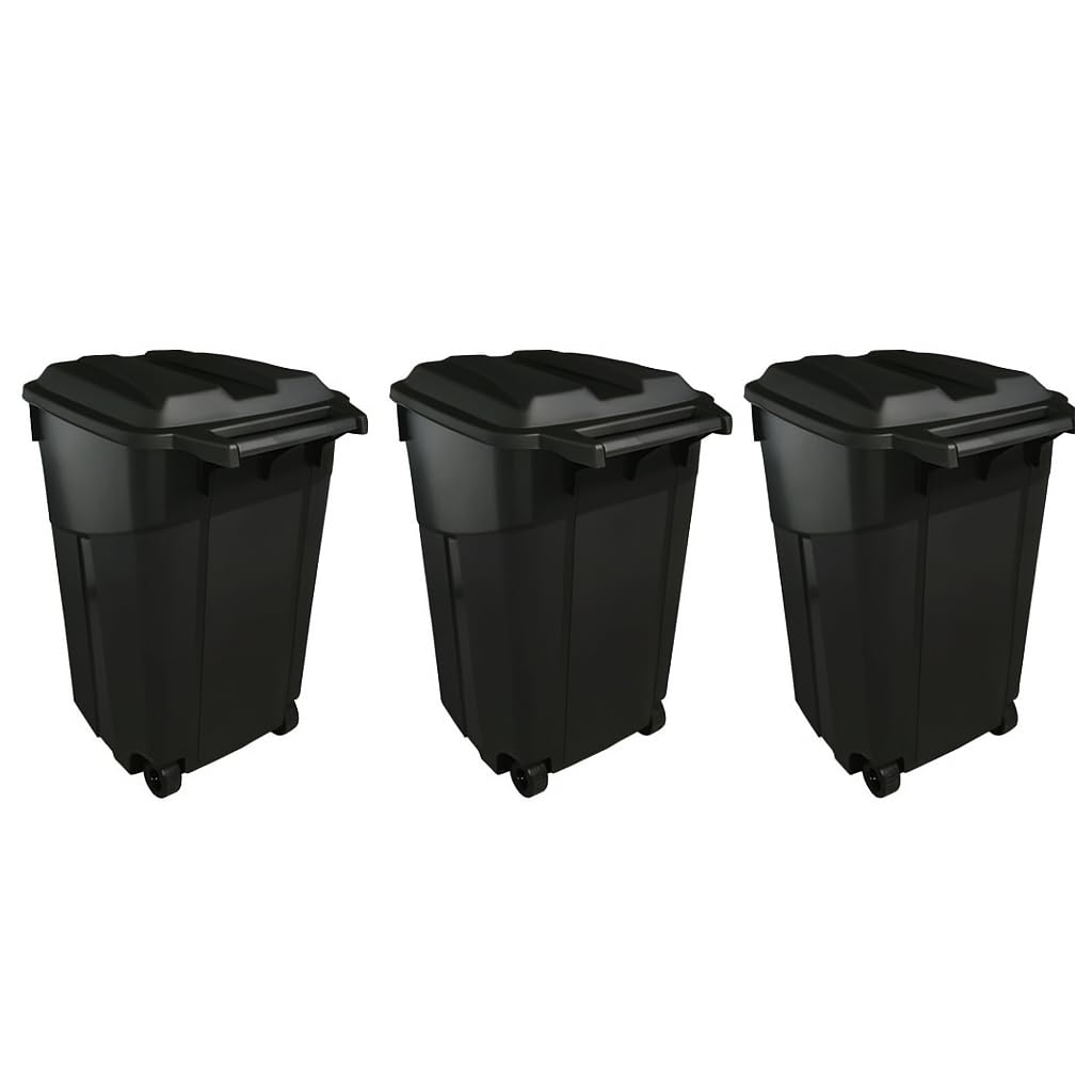 GardenNest 3-Pack 45 Gallon Heavy Duty Plastic Garbage Cans with Attached Click-Lock Lids, 2 Built-in Wheels & Easy-Grip Handles – Durable Trash Bins for Indoor or Outdoor Use