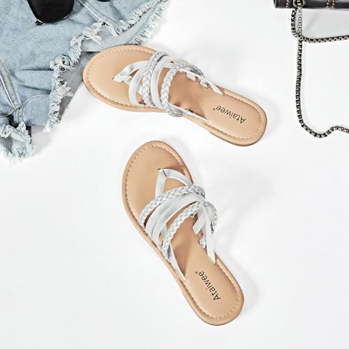 Image of Ataiwee Women's Flat Slide Sandals - Comfortable Open Toe Design,Casual Slip-On with Ankle Strap,Hook-and-Loop Closure Summer Sandals.