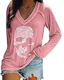 Design: langarmshirt damen sweatshirt langarm locker pullover totenkopf druck oberteile frauen herbst graphic tee shirts elegant v-ausschnitt tops basic bluse mädchen lässig tunika lange ärmel t-shirt