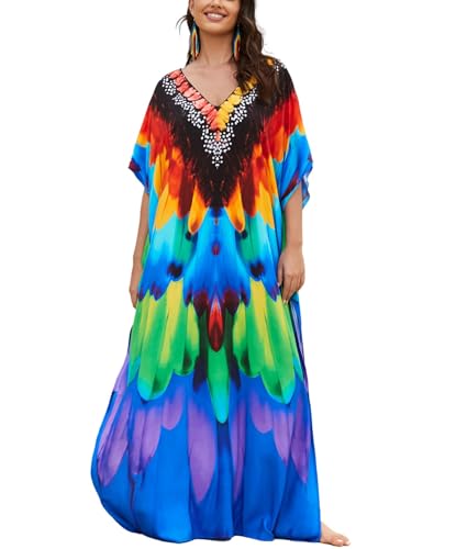 Lziizl Kaftan Dresses for Women Plus Size Bathing Suit Cover up Batwing Sleeve Caftan Maxi Beach Dress