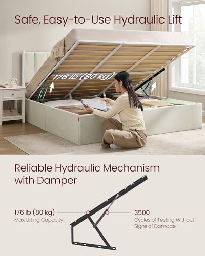 Image of VASAGLE Lift Up Storage Bed Frame, King Size, Upholstered Headboard