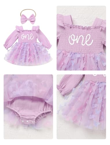 ODASDO Baby Girls First Birthday Outfit Sqaure Neck Ruffle Long Sleeve Tulle Tutu Romper Dress with Bow Headband4