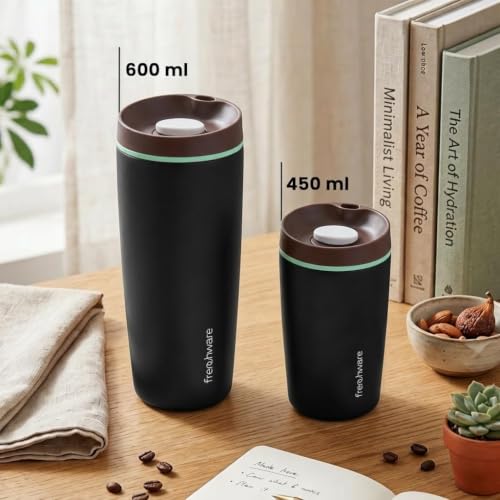Image of Frenchware AeroMug Insulated Stainless Steel Coffee Tumbler, 600 ml | Smooth Sip Slider, Reusable, Hot & Cold Coffee Travel Mug, Carbon Black