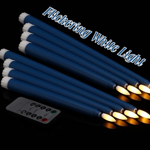 Image of Rossesay 16 Pcs Blue Flameless Taper Candles Battery Operated Candles with Remote Timer 8.5 inch 9.6 inch 10.8 inch 12.8 inch LED Flameless Flickering Candlestick for Halloween Christmas Wedding Party Decor