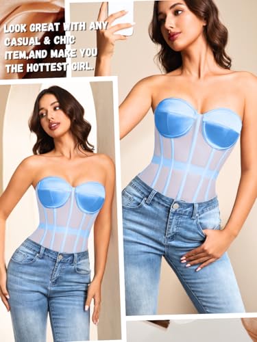Image of Kaei&Shi Sheer Mesh Overbust Corset,Sexy Strapless Lace Up Satin Bra Corsets Top For Women Shapewear