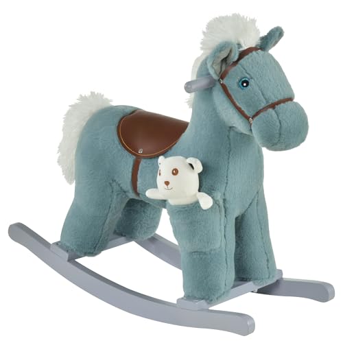 Caballito Balancín para Niños de +3 Meses Caballo Mecedora Felpa con Osito de Peluche Sonidos de Relincho y Galope Base de Madera 65x26x55 cm Azul