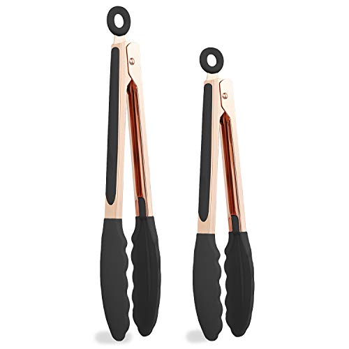 COOK WITH COLOR Stainless Steel Silicone Tipped Kitchen Food BBQ and Cooking Tongs Set of Two 9” and 12” for Non Stick Cookware, BPA Fee, Stylish, Sturdy, Locking, Grill Tongs, Rose Gold and Black