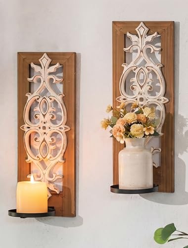 Farmhouse Wood Candle Sconces Wall Decor - Set of 2 Walasis Rustic Wall Candle Holder Decorative Carved Brown Candle Sconce Farmhouse Art Distressed Pillar Candles Holder for Fireplace Decor