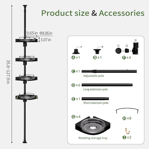 Image of akinbas 360 Rotating Shower Caddy Tension Pole with 4-Tier Rustproof Lazy Susan 35-128 Inch No Drilling Coner Shelves Adjustable Shower Rack for Bathroom Bathtub Washbasin Plant Storage (Black)