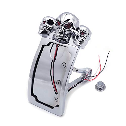 HTTMT- Chrome Curve Side Mount License Plate Bracket w/Skull LED Tail Light 7/8