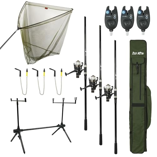Imagen de FISH-XPRO Juego de Carpa Deluxe 3-Rod El juego de pesca más completo Juego de caña de Carpa Negro Detectores de picadura Swingers Rodpod Reposapiés traseros Rod de error Red de pala de