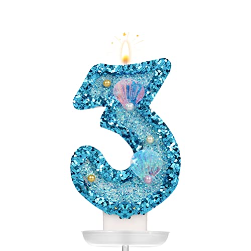 2.8inch Birthday Number Candle, Shell Sequins Number Candles Blue Glitter Number Candle Cake Numeral Candles for Birthday Anniversary Mermaid Themed Party (Number 3)