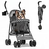 Magshion Compact Pet Stroller for Small-Medium Dogs/Cats up to 22lbs, 4-Wheel Lightweight Umbrella Shaped Portable Puppy Travel Jogger with Breathable Mesh, Cup Holder & Rear Storage, Black Polka Dots