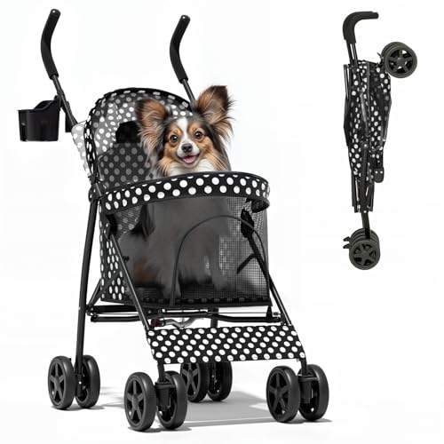 Image of Magshion Compact Fold Pet Travel Stroller for Small Dogs Cats | Up to 22lbs, 4-Wheel Lightweight Umbrella Shaped Design, Safety Tethers, Breathable Mesh, Cup Holder & Rear Storage