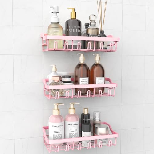 Hsiohe 3 Pack Shower Caddy - Adhesive Shower Organizer, Rustproof Stainless Steel Shower Shelves, No Drilling, Large Capacity Shower Rack Shelf for Bathroom, Pink