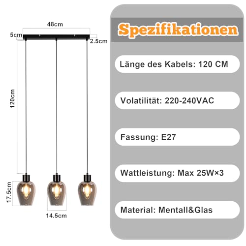 Lichtmaler Lampa Wisząca Czarna 3-Płomienna - Industrialny Żyrandol Wiszący Stoju E27 Stylu Vintage Dymnym Szkłem Oświetlenie do Jadalni Kuchni Sypialni Salonu, Bez Źródła Światła