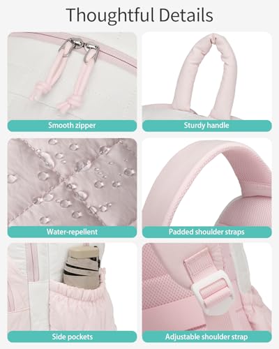 Image of Bookbag for Women, Teen Girls Backpack for High School College Student, Puffer Quilted Back Pack Cute Laptop Backpack for Work Travel Mom Casual Daypack, Beige Pink